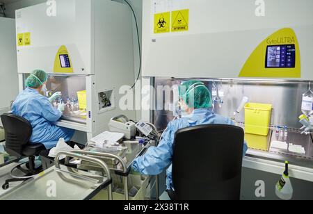 Preparation of drugs in laminar flow hood, epidural anesthesia, Clean room, Pharmacy, Hospital Donostia, San Sebastian, Gipuzkoa, Basque Country, Spai Stock Photo