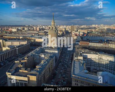 View from Business Center Domnikov to Square of three railway stations and Leningradskaya hotel in Moscow Stock Photo
