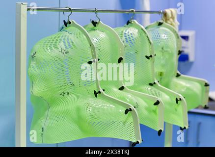 Plastic mesh masks used for radiation for the head and neck regions, Treatment of cancer, Linear Particle Accelerator, Radiotherapy, Hospital Donostia Stock Photo