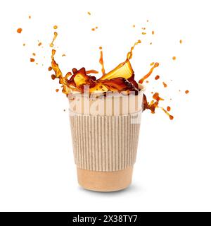 Aromatic coffee splashing in takeaway paper cup on white background Stock Photo