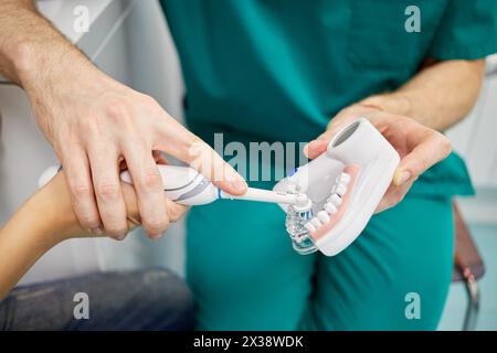 Male doctor hand holds child hand with electrical toothbrush cleaning artificial human jaw. Stock Photo