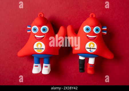 ZHONGSHAN China-April 24 2024: 2024 Paris Olympic Games and Paralympic Games mascots the Phryges at horizontal composition. Stock Photo