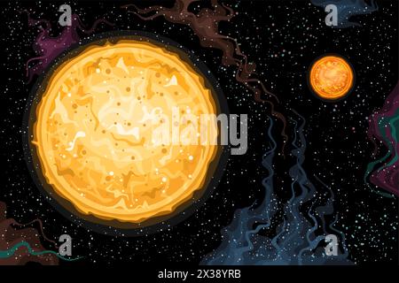 Vector Fantasy Space Card, horizontal astronomical poster with illustration of binary star system consisting pair of red brown dwarfs in deep space, d Stock Vector