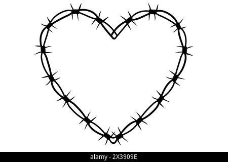 Wire Barb heart frame y2k tattoo border gothic spiky punk print isolated on white background. Barbwire emo boundary heart shape. Vector illustration Stock Vector