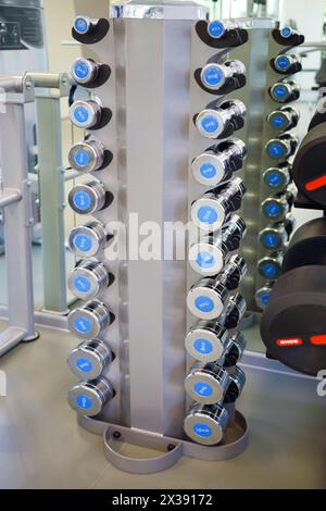 Set of small light dumbbells for women on rack in modern empty gym Stock Photo