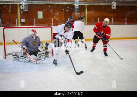 MOSCOW - SEP 5, 2016: Nonpro men play hockey in ice palace in Novokosino Stock Photo