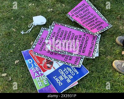 Los Angeles, California, U.S.A. 24th Apr, 2024. Anti corporate media posters and signs that support Hamas's terrorist actions in Israel lay on the grass at the center of USC's campus. University of Southern California (USC) was shut down on April 24, 2024 due to a large and Pro-Palestine/Hamas protest. Hundreds of college students and others who illegally came on campus led to over 50 arrests by Los Angeles Police Department (LAPD) officers in front of the Center for International and Public Affairs Building. (Credit Image: © Amy Katz/ZUMA Press Wire) EDITORIAL USAGE ONLY! Not for Commerci Stock Photo
