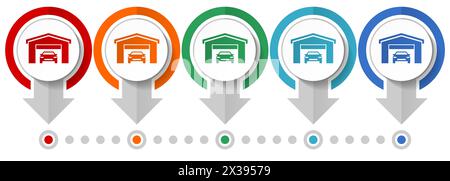 Car in a garage vector icon set, flat design infographic template, set pointer concept icons in 5 color options for webdesign and mobile applications Stock Vector
