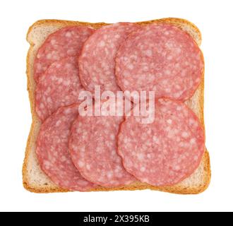 slice of bread with salami isolated on white background with clipping path, top view, sandwich with sausage slices Stock Photo