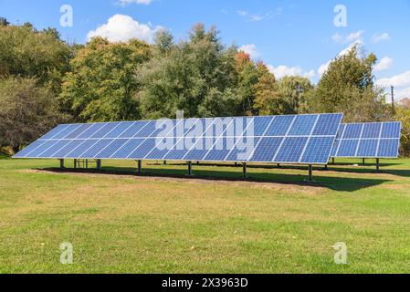 Rows of solar panels on grass with trees in background on a clear autumn day Stock Photo