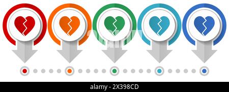 Broken heart vector icon set, flat design infographic template, set pointer concept icons in 5 color options for webdesign and mobile applications Stock Vector