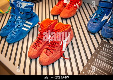 04 23 2024 Turin Italy Ayrton Senna s Mizuno and Diadora boots shown at the Ayrton Senna Forever exhibition Stock Photo Alamy