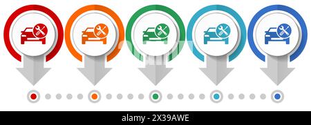 Auto service, car repair vector icon set, flat design infographic template, set pointer concept icons in 5 color options for webdesign and mobile appl Stock Vector