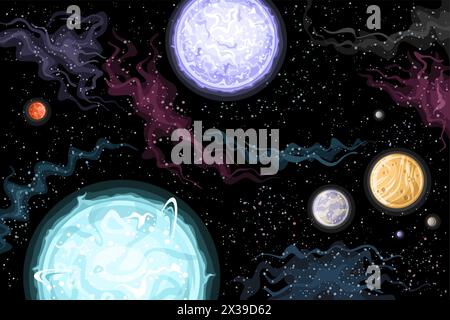 Vector Fantasy Space, horizontal astronomical poster with cartoon design brightest binary star system with planets in deep space, decorative futuristi Stock Vector