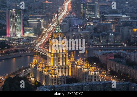 Ukraine hotel and New arbat street at night in Moscow, Russia, top view Stock Photo