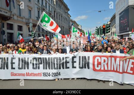 Democratic Party group at Milan, Italy - April 25, 2024 Italy nazi-fascist Liberation Day parade Stock Photo