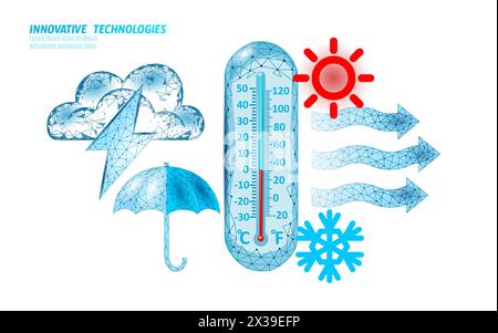 Weather 3D elements. Mobile app forecasting banner UI with rain sun umbrella thermometer wind symbols. Low poly dark vector illustration Stock Vector