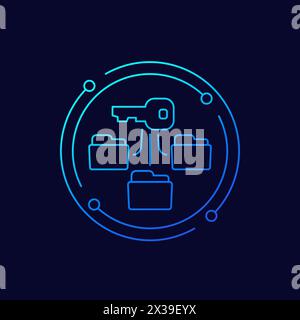 folders and a key icon, linear design Stock Vector