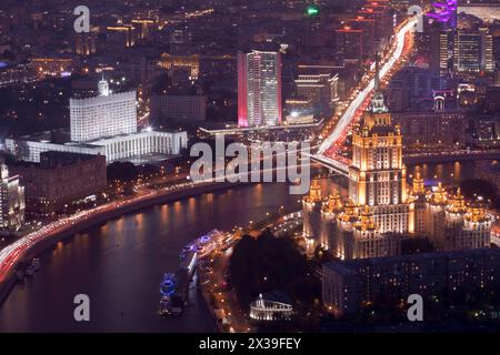 Ukraine hotel, government building and New arbat street at night in Moscow, Russia, top view Stock Photo