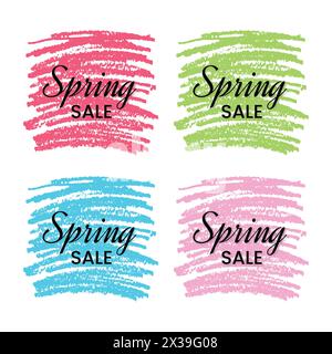 Set of four Spring Sale Banner on Colorful Scribble Smear. Hand drawn Pencil Scribble. Vector illustration. Stock Vector