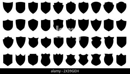 Shield icons set. Black shields of different shapes in flat graphic design. Vector illustration Stock Vector