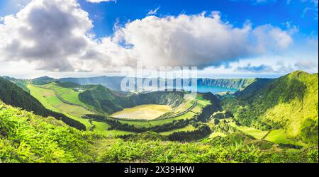 View of Sete Cidades near Miradouro da Grota do Inferno viewpoint, Sao Miguel Island, Azores, Portugal.  Stock Photo