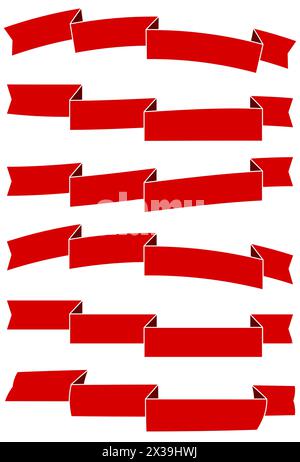 Set of six red cartoon ribbons for web design. Great design element isolated on white background. Vector illustration. Stock Vector