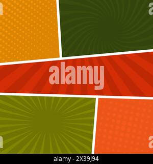 Colorful comic book page background in pop art style. Empty template with rays and dots pattern. Vector illustration Stock Vector