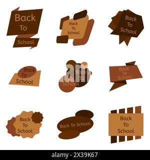 Set of nine brown back to school badges. School labels and icons collection. Vector illustration. Stock Vector