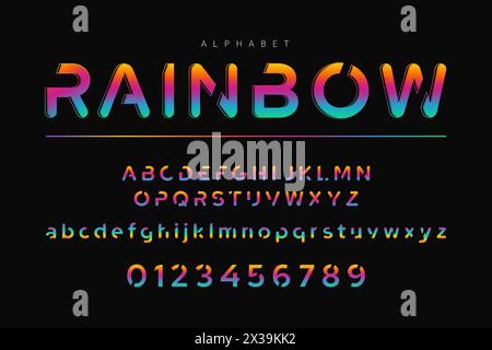Rainbow color typography font text design with alphabet letter and number vector design on dark background Stock Vector