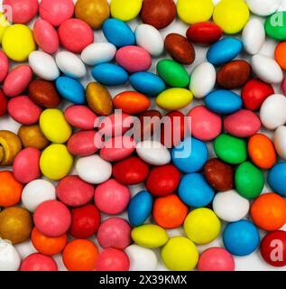 Many different pills on color background, flat lay. Stock Photo