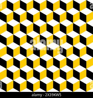 Abstract cube pattern. 3D optical illusion tumbling blocks hexagon tiles. Cuboid seamless tiles pattern. Yellow, black and white vector illustration. Stock Vector