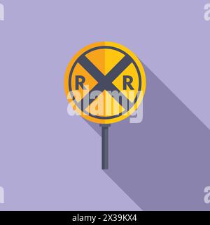 Railway crossing road sign icon flat vector. Caution sign. Control safety Stock Vector