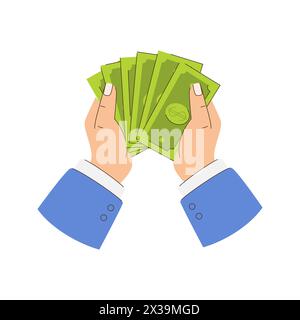 Hands holding dollar banknotes. The hand is wearing a blue suit. A man holding money. Flat vector illustration isolated on white background. Stock Vector