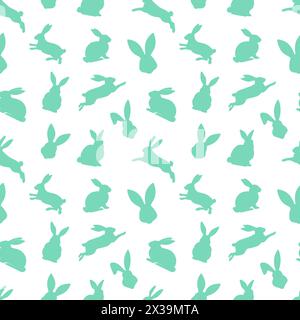 Easter seamless pattern of green rabbit silhouettes in different actions. Festive Easter bunnies design. Isolated on white background. For Easter deco Stock Vector