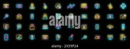 Malware icons set outline vector. Cyber attack. Risk secure neon color on black Stock Vector