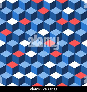 Seamless cube vector pattern. Embossed cuboid hexagonal tile pattern. Modern fashion ornament design. Blue, red and white pattern. Stock Vector