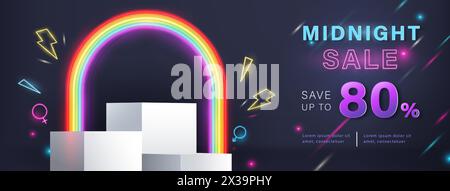 Stage podium design for product display with glowing neon lgbt rainbow color light in dark banner background, pride month sale concept, vector design Stock Vector