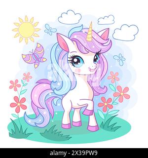 A cute cartoon unicorn walks in a clearing with flowers and butterflies. Theme of magic and sorcery. For children's design of prints, posters, cards, Stock Vector