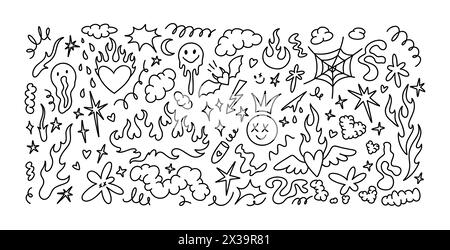 Doodle emo goth design elements. Graffiti urban wall street art background. Hand drawn y2k brutalism elements. Smile emoticons. Fluid liquid organic s Stock Vector