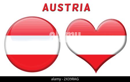 Austrian flag in rounded and heart shape buttons, vector illustration Stock Vector