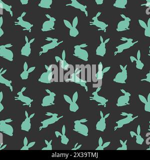 Easter seamless pattern of green rabbit silhouettes in different actions. Festive Easter bunnies design. Isolated on black background. For Easter deco Stock Vector