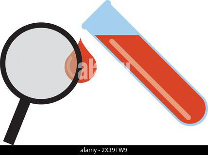 Hematology test by magnifying glass. Laboratory testing red bloody cells. Vector illustration isolated on white background. Stock Vector