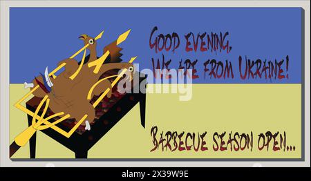 Good evening.We are from Ukraine Barbecue season open,Ukrainian flag . Eagle . Fried bird. Stock Vector