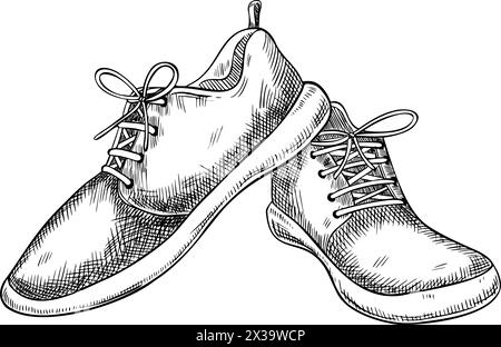 Sneakers for running and Sports. Vector illustration of jogging Shoes on isolated background. Drawing of trainers for icon or in linear style. Sketch of women tennis boots painted by black inks. Stock Vector