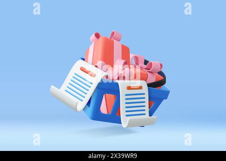 3d shopping cart and gift boxes inside. concept of online shopping, sales and discounts in stores. 3D Rendering. Vector illustration Stock Vector