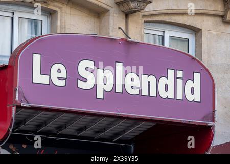 Sign of the Théâtre du Splendid, a Parisian theater located on rue du Faubourg-Saint-Martin, in the 10th arrondissement of Paris, France Stock Photo