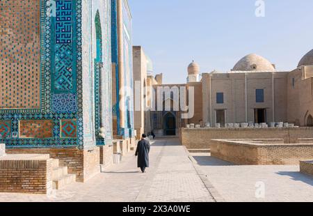 Awesome view of the Shah-i-Zinda Ensemble in Samarkand, Uzbekistan. Mausoleums decorated by blue tiles with designs. The necropolis is a popular touri Stock Photo