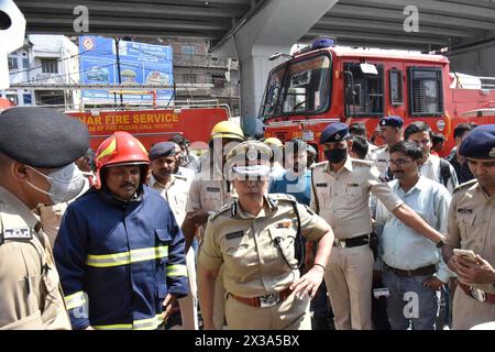 Patna, India. 25th Apr, 2024. PATNA, INDIA - APRIL 25: Bihar Fire Service DG Shobha Ahotkar examining the spot after a fire broke out in Pal Hotel near Patna Junction railway station on April 25, 2024 in Patna, India. At least six people were killed and 18 are battling for life in hospital in a fire. The fire broke out at the Pal Hotel and soon spread to adjacent buildings before it was extinguished. (Photo by Santosh Kumar/Hindustan Times/Sipa USA) Credit: Sipa USA/Alamy Live News Stock Photo