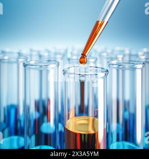 Closeup of test tubes with orange or blue liquid. Dropping glass with an orange drop above. Testing laboratory,  chemical testing facility, medical te Stock Photo